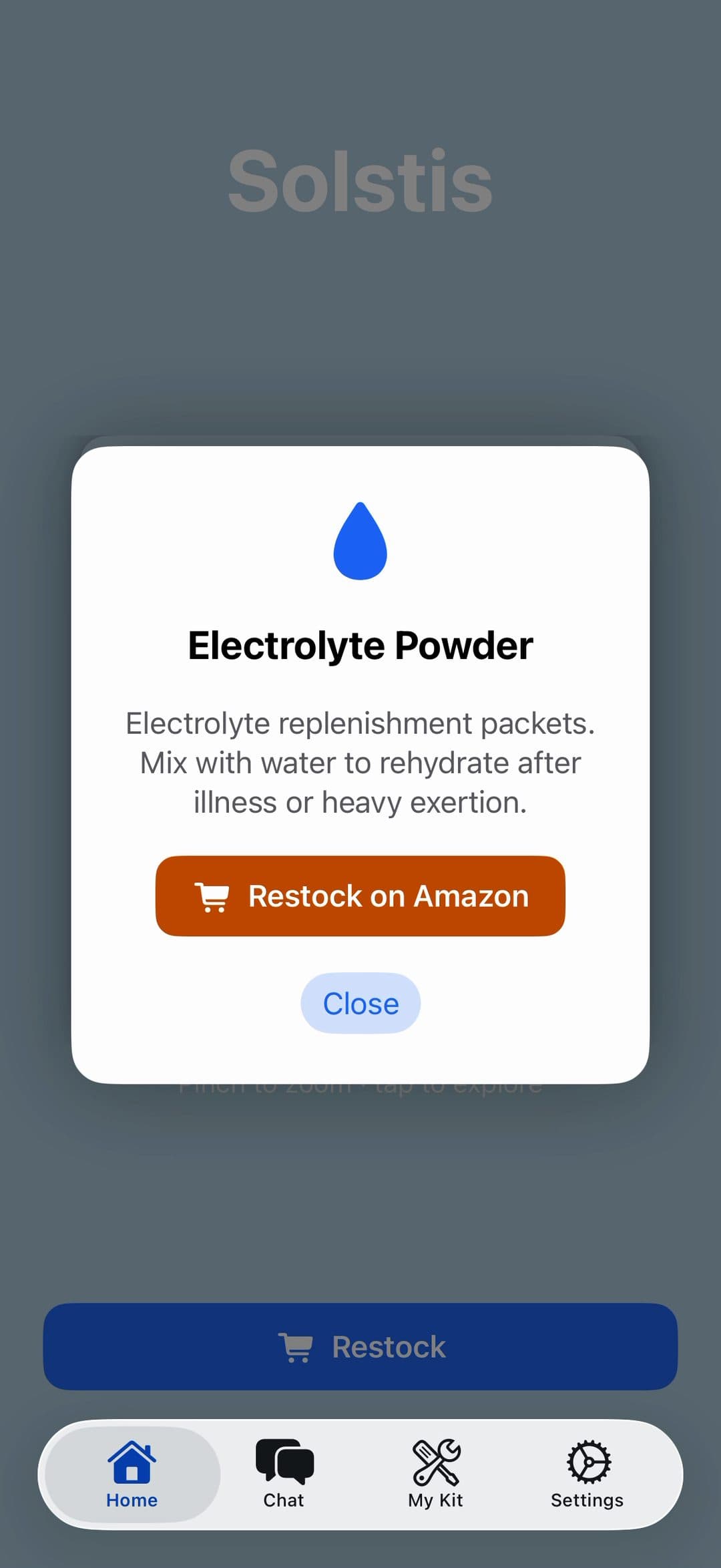 The Solstis app on a phone: the Electrolyte Powder card, with a button to restock it on Amazon.