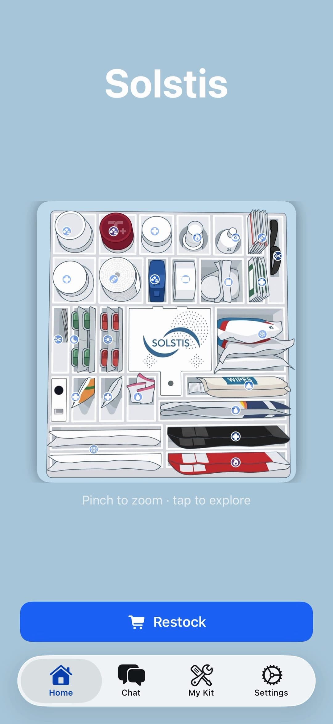 The Solstis app on a phone: a map of the kit. Tapping Electrolyte Powder opens its card, with a button to restock it.