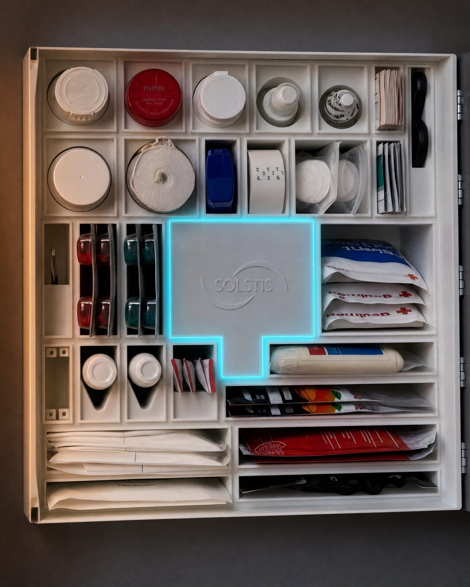 The open Solstis cabinet up close at night, its cyan glow on among the stocked supplies.