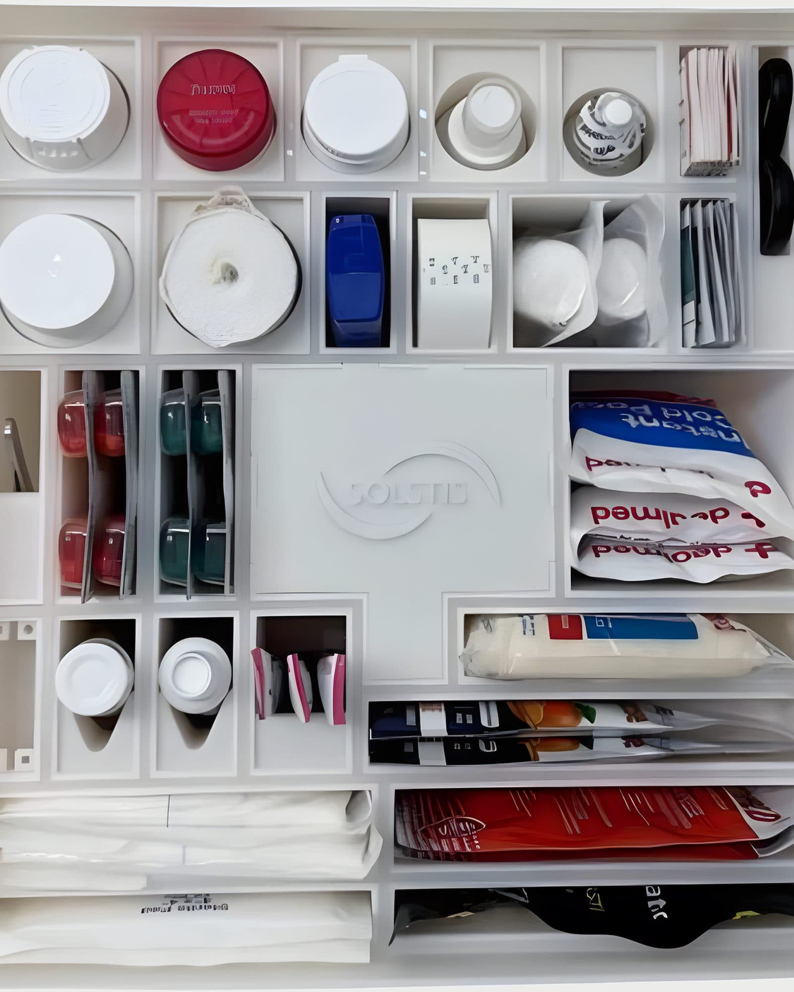 Inside the Solstis cabinet: medicines and first-aid supplies, each in its own compartment.