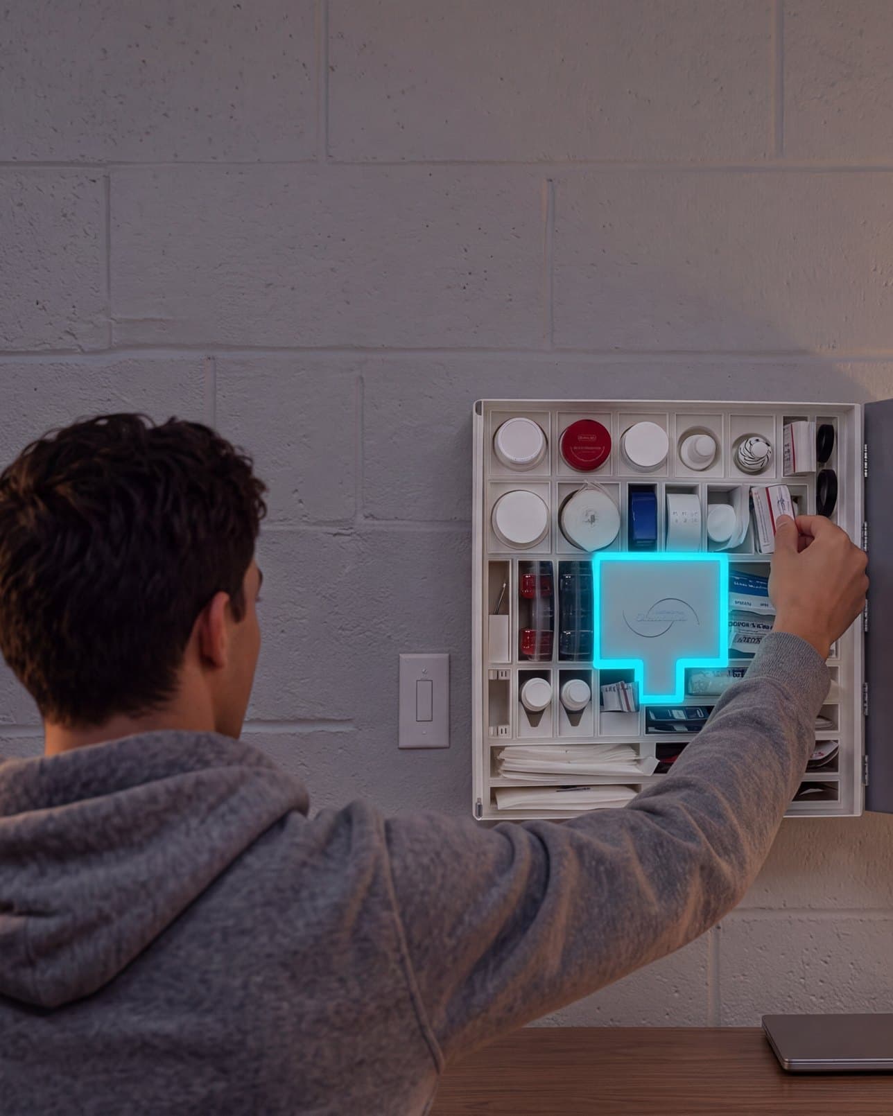 At night, a student in a hoodie, seen from behind, reaches into the open Solstis cabinet on a dorm room wall, its center glowing cyan, beside a light switch and a lamp.