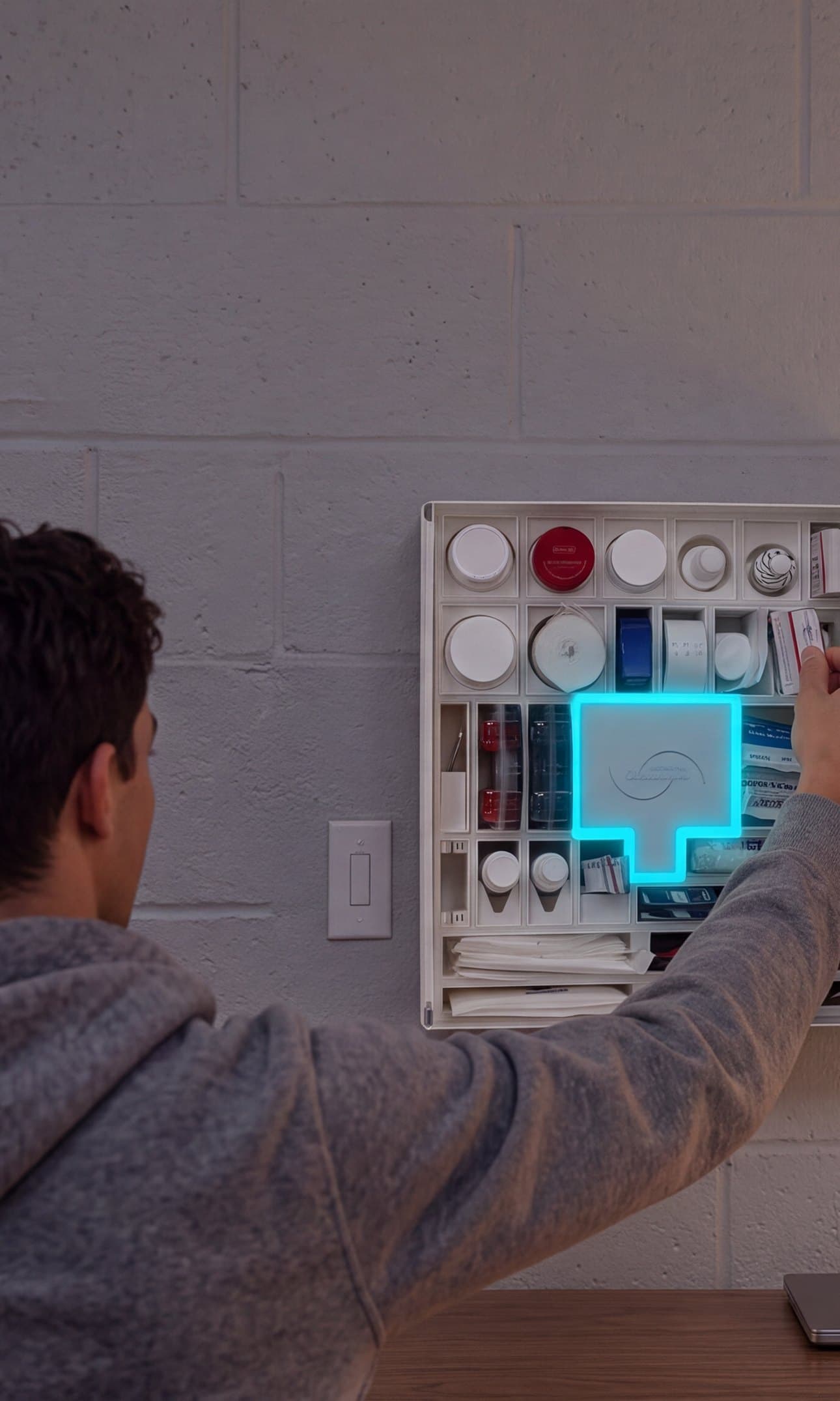 A dorm room at night. A student in a hoodie, seen from behind, reaches into the open Solstis cabinet on the wall, its cyan glow on, beside a light switch.