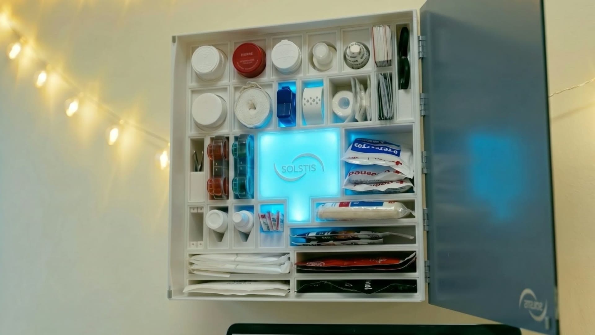The real Solstis cabinet on a dorm room wall strung with fairy lights. Its door opens, its cyan glow comes on, and the film steps through a cut finger and the app's guidance screens.