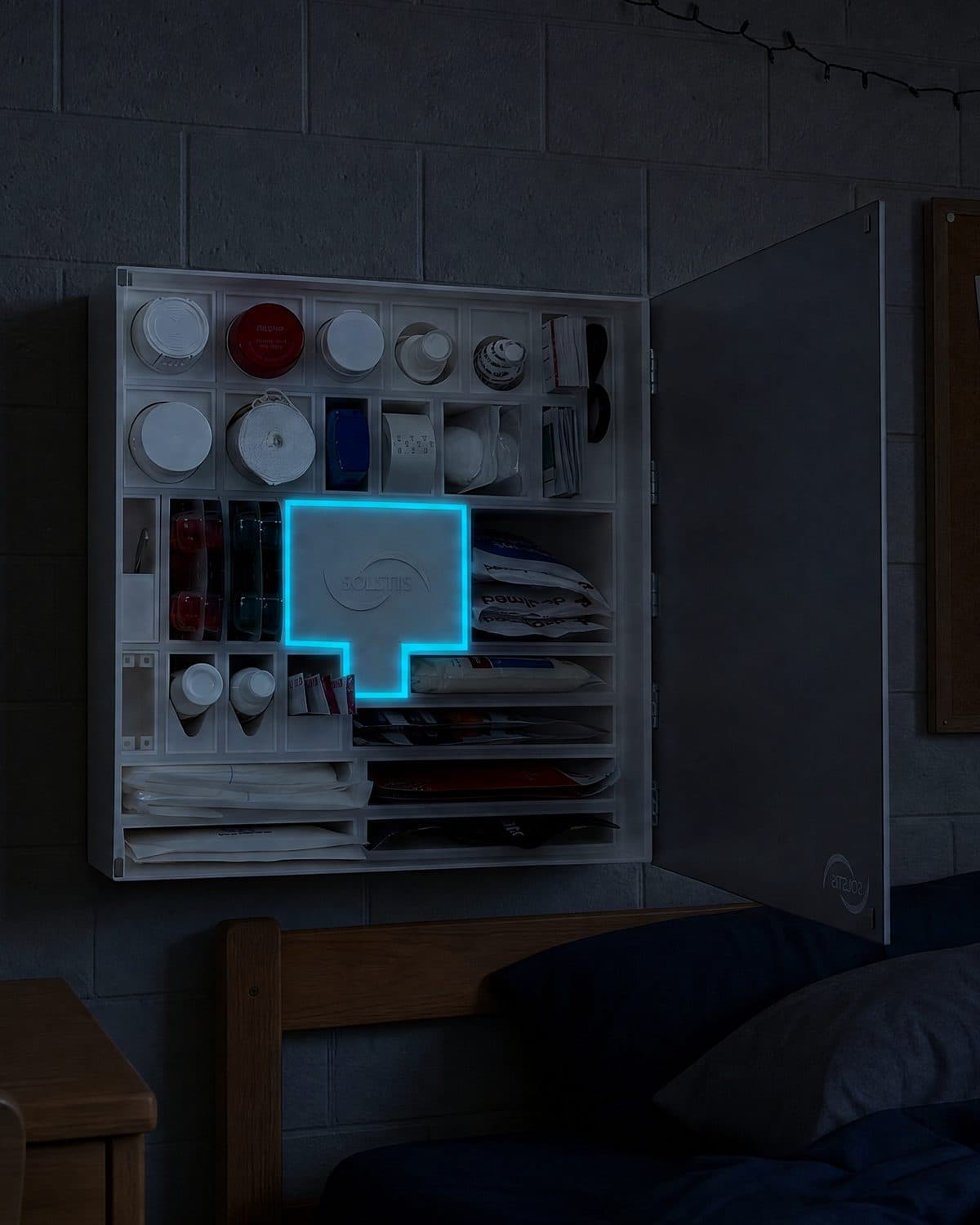 A dark dorm room at night. The Solstis cabinet hangs open on the wall, its cyan glow on.