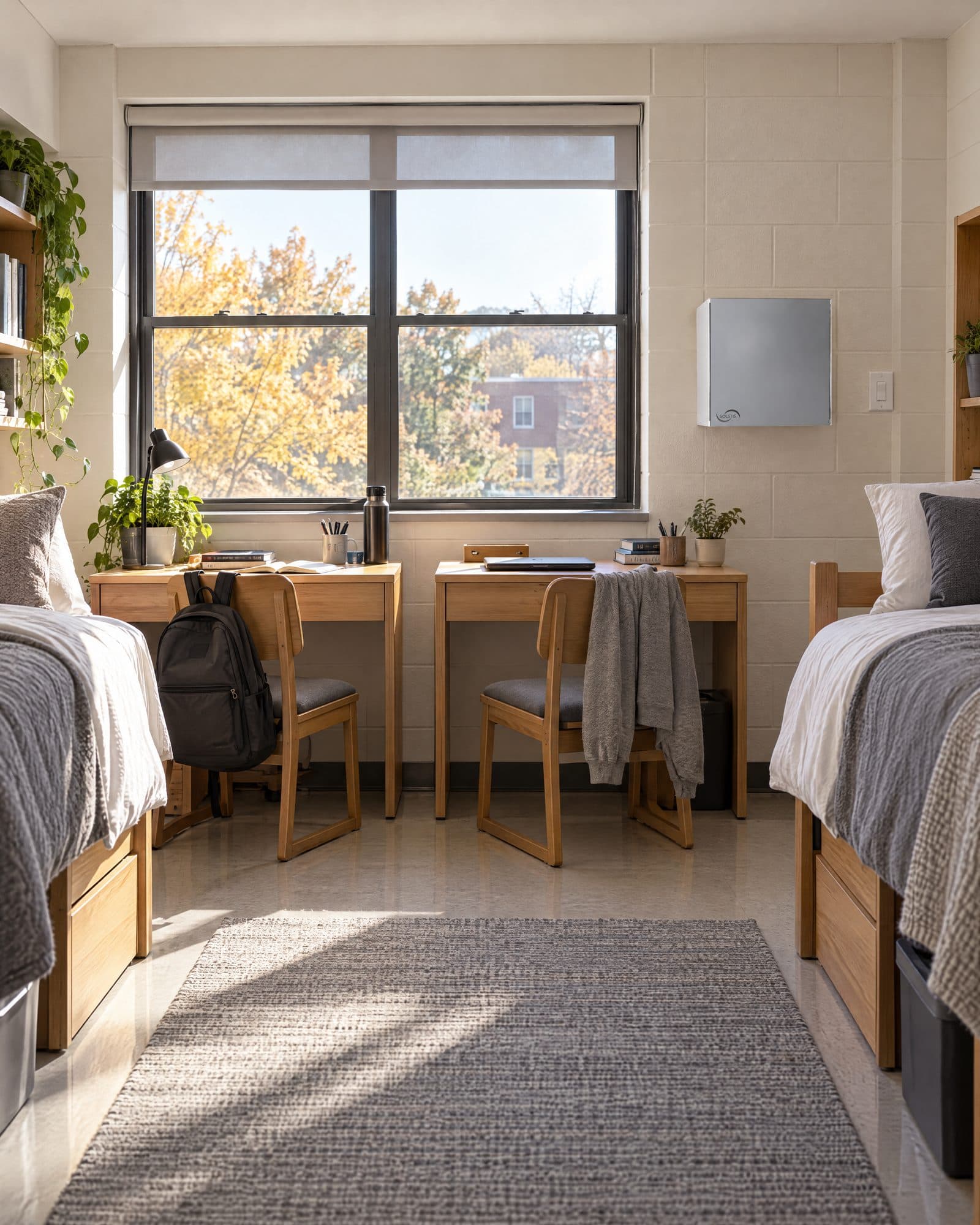 A residence hall double room on an autumn morning: two beds, two desks under a wide window, and the closed Solstis cabinet on the wall beside a light switch.