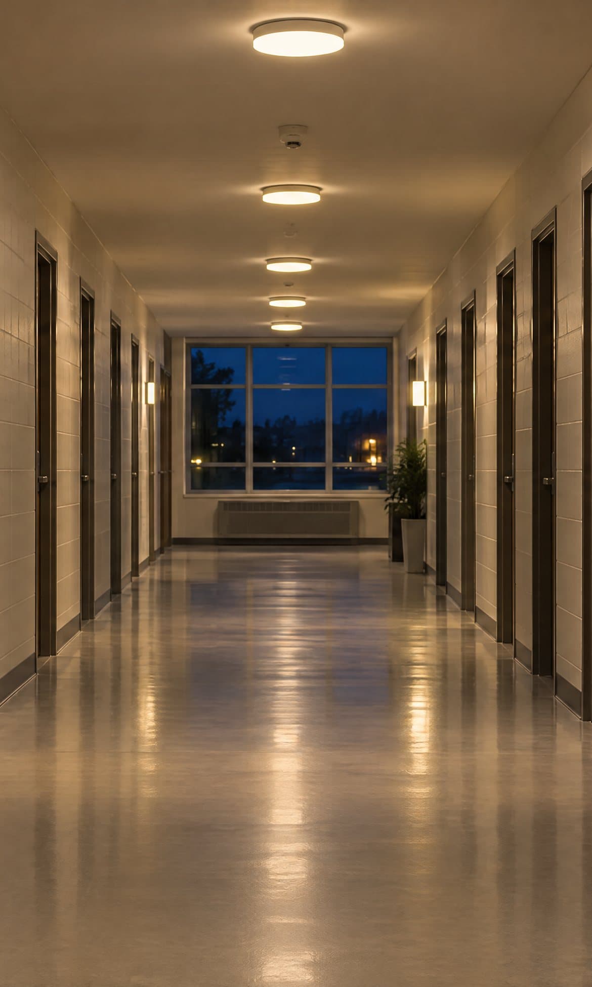 A quiet residence hall corridor at night: closed wooden doors on both sides, warm ceiling lights, and a window of deep blue night at the far end.