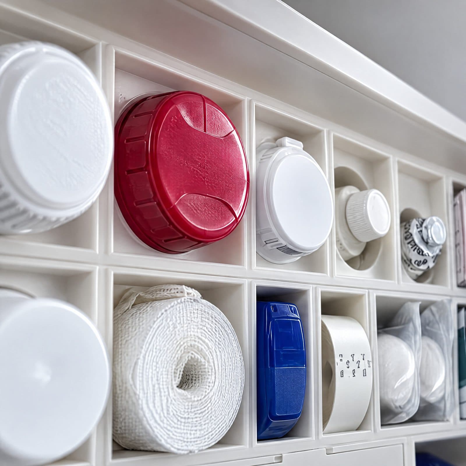 A close look inside the Solstis cabinet: white containers, a red tin, a tape roll, and a blue case in white molded cubbies.