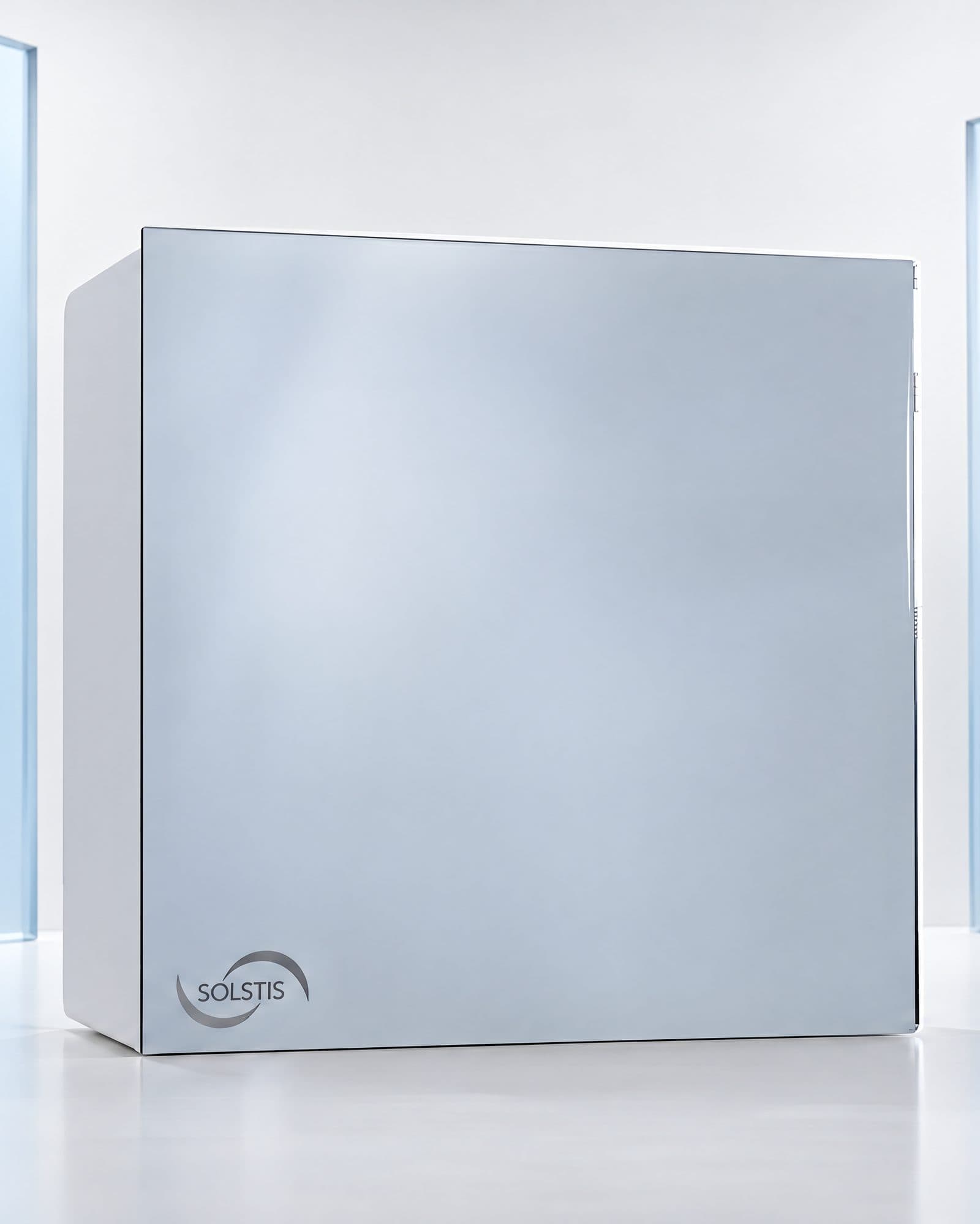 The closed Solstis cabinet between two frosted glass panels catching soft blue light.