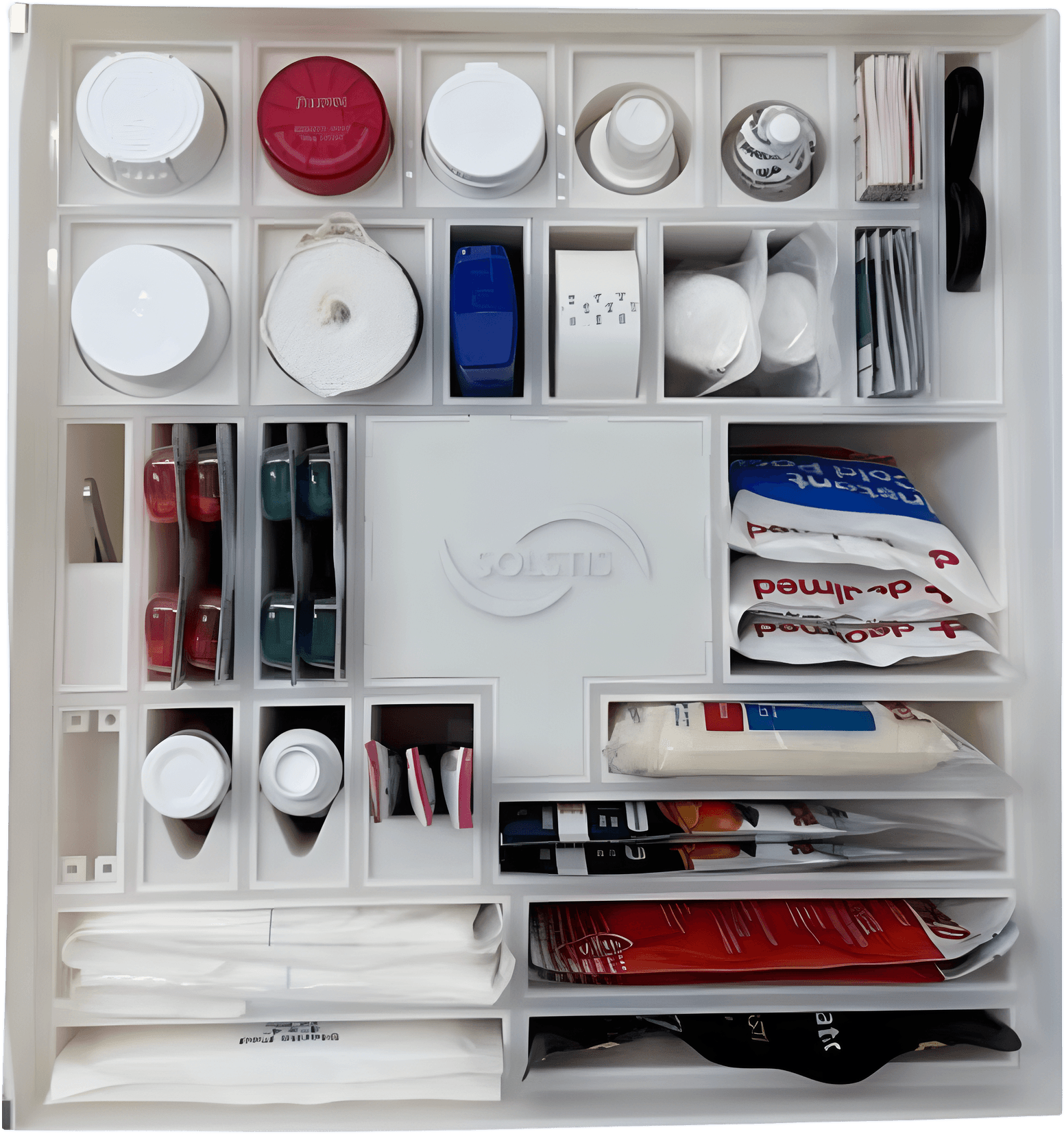 Inside the Solstis cabinet: first-aid supplies and over-the-counter medicines, each in its own compartment