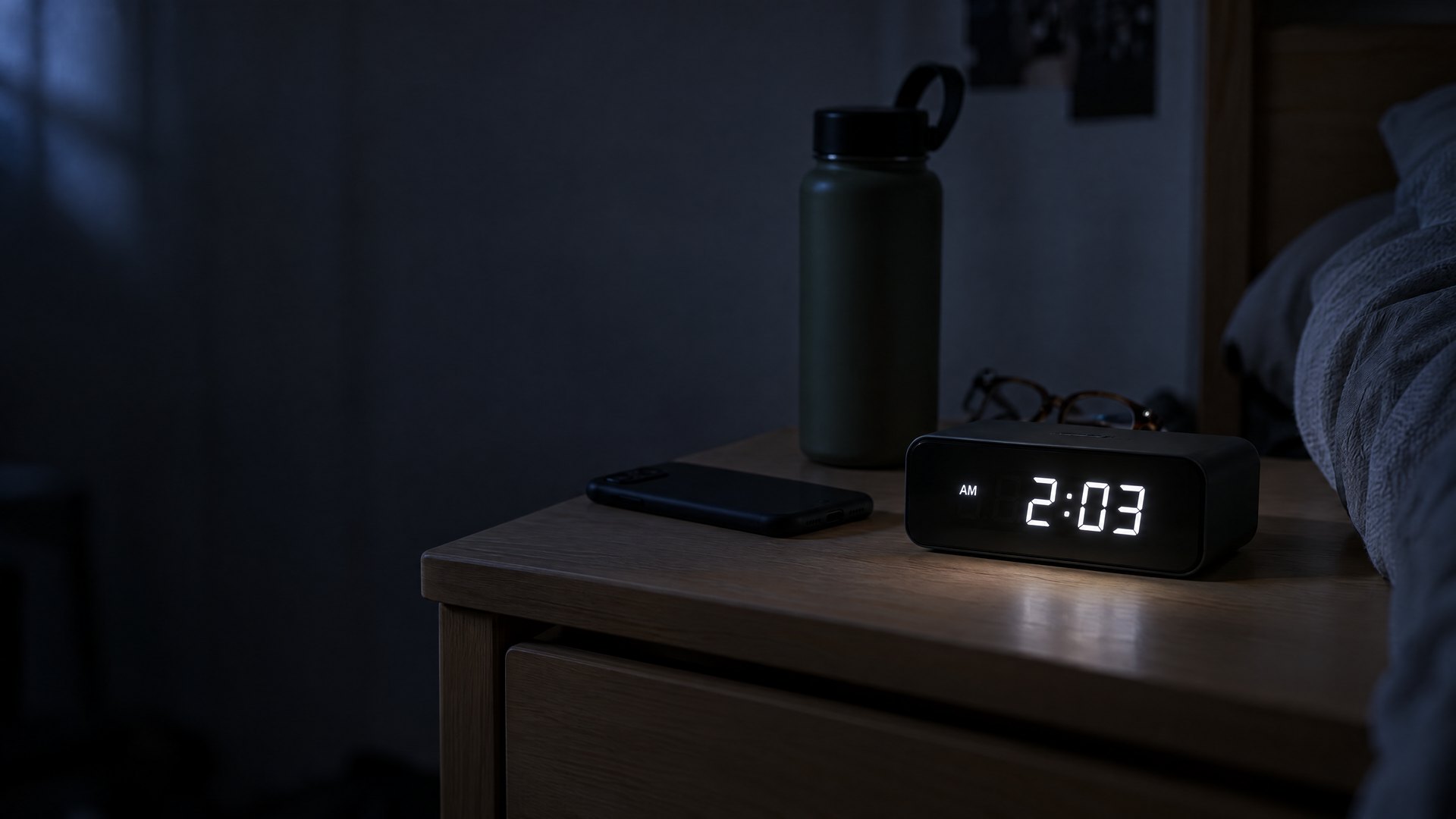 A digital clock on a dorm room nightstand reads 2:03 AM.