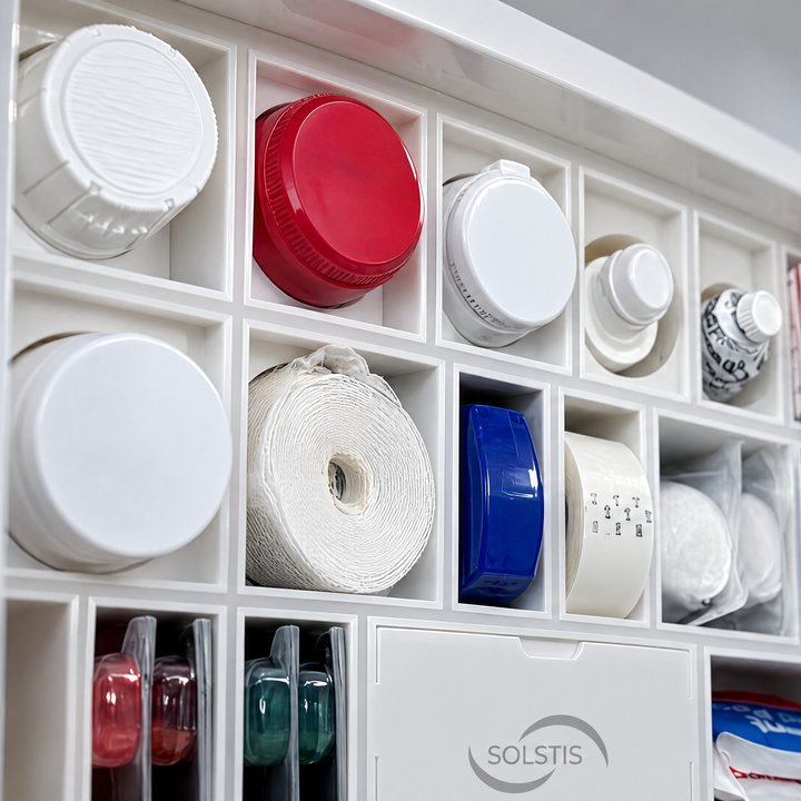 Close up: stocked compartments and the embossed Solstis lid