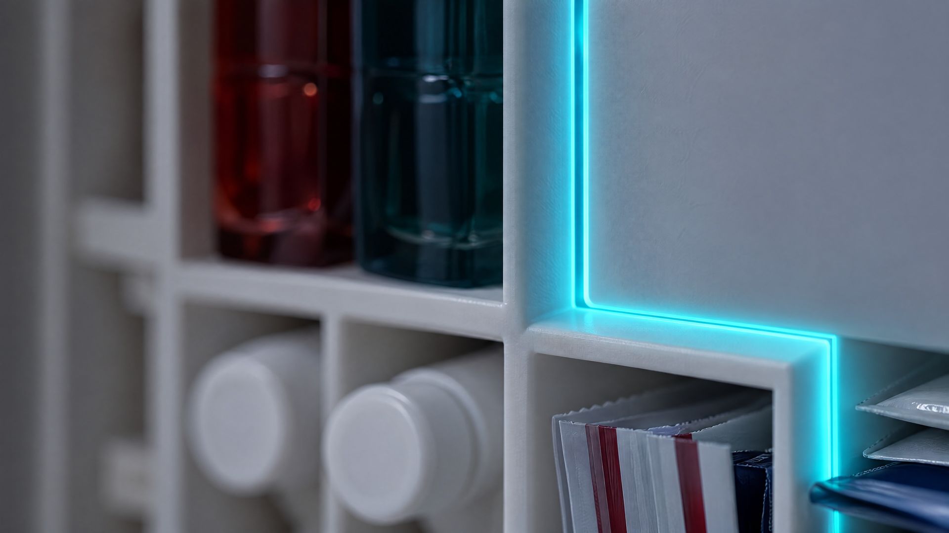 Close up: the cyan glow line around the center panel of the open Solstis cabinet, beside its compartments.