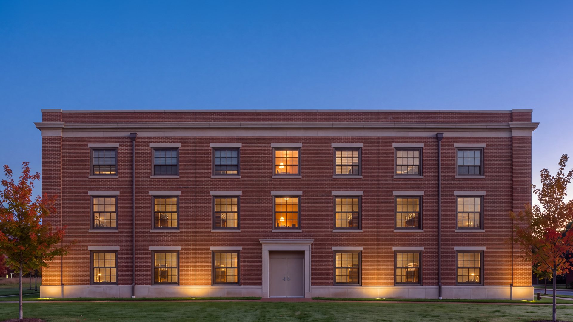 A red-brick residence hall at blue hour, three floors of identical windows lit warm, with young maples on the lawn.