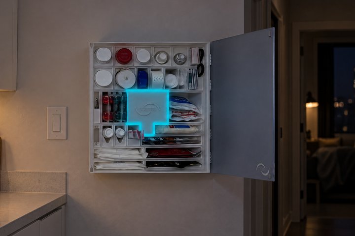 An apartment kitchen at night, the Solstis cabinet open and lit on the wall by the counter