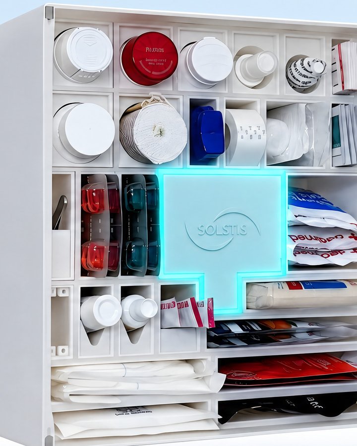 Inside the open Solstis cabinet, its center panel glowing cyan among the stocked compartments