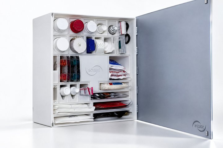 The Solstis cabinet on white, its door swung open, every compartment stocked