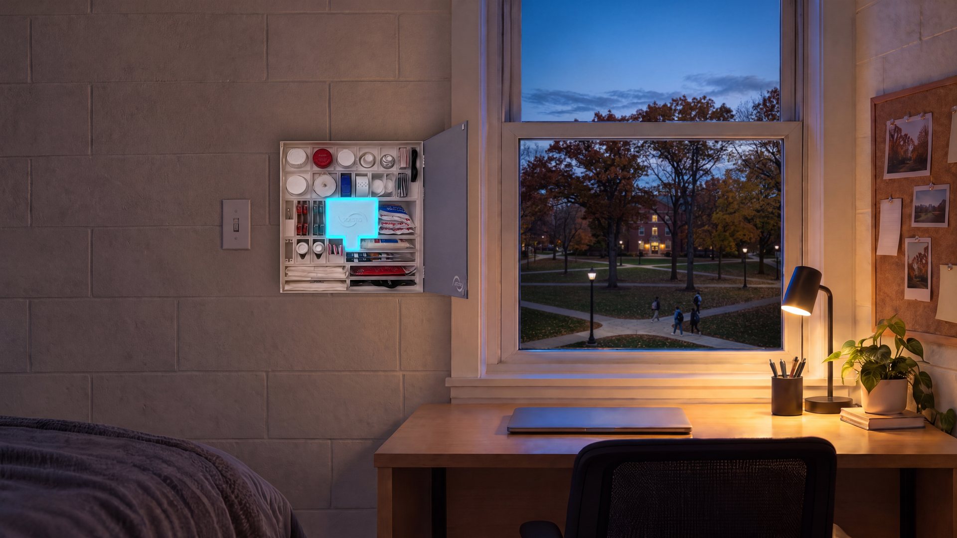 Inside one lit room: the Solstis cabinet open on the wall beside the desk, its cyan glow on, with the lamplit quad through the window.