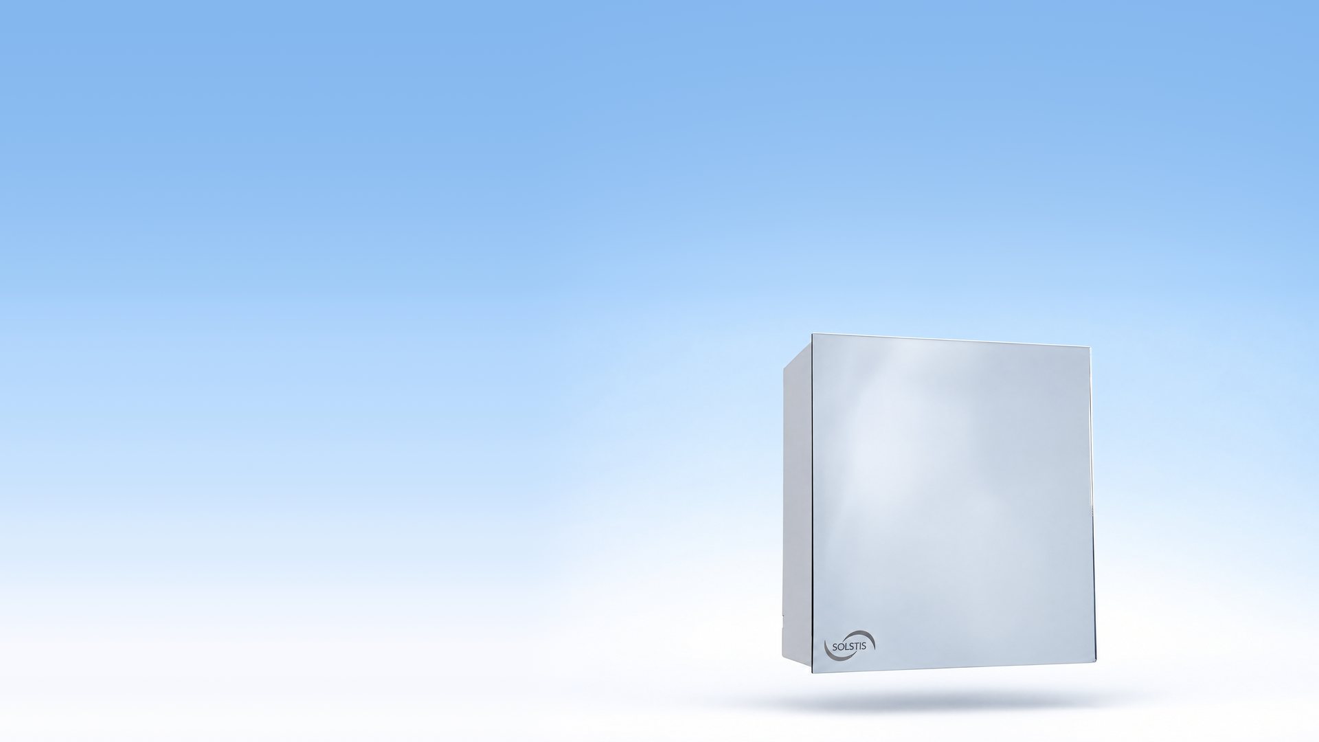The closed Solstis cabinet floating above a white studio floor under a soft blue sky, the small Solstis mark on its frosted door.