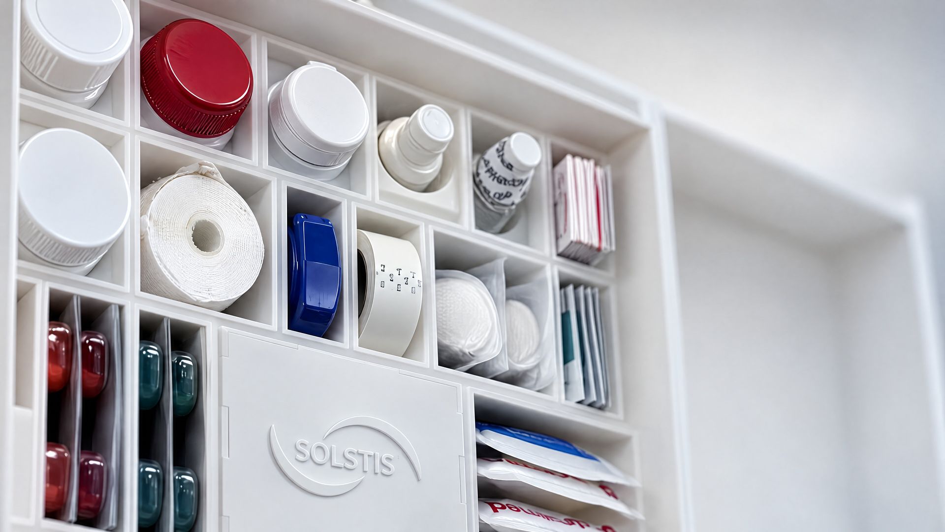 Close up: the stocked compartments of the Solstis cabinet, its embossed lid in the center.